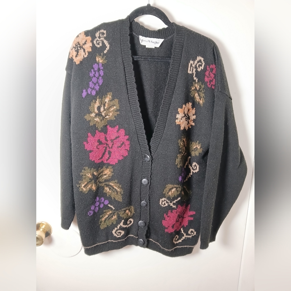 Vintage Norton McNaughton‎ Black Floral Knit Cardigan Sweater Women’s L USA Made